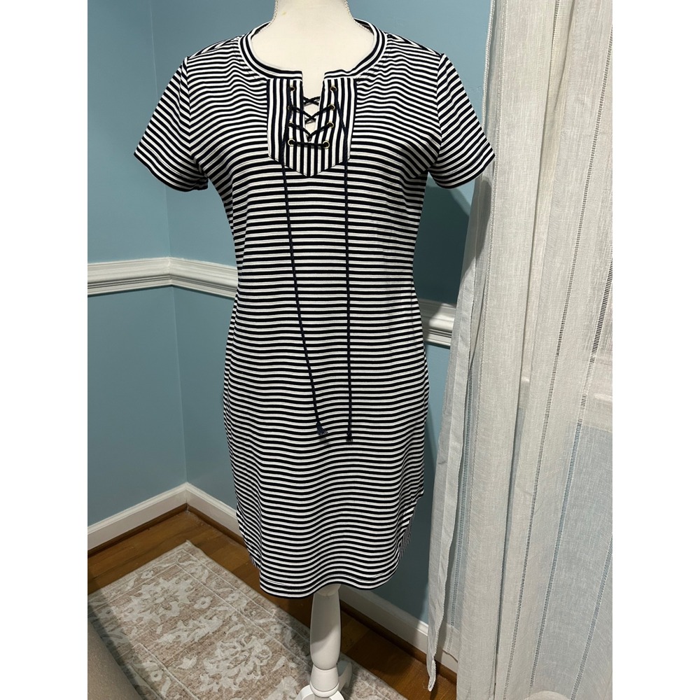 Cabi Navy White Striped Lace Up Knit Dress Short Sleeve Style 5268 Small